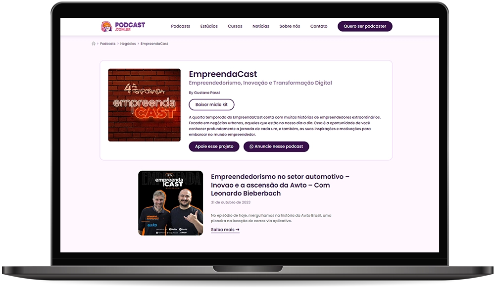 Mockup de Página de Podcast com um exemplo da página do EmpreendaCast